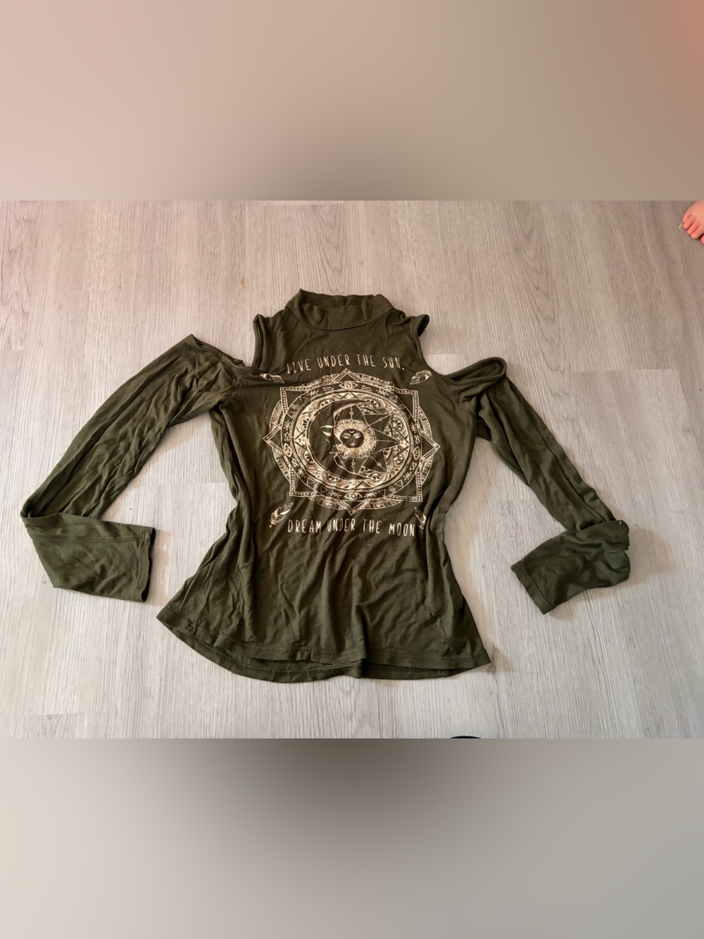 gaze Olive Green Cold-Shoulder Graphic Long Sleeve Top